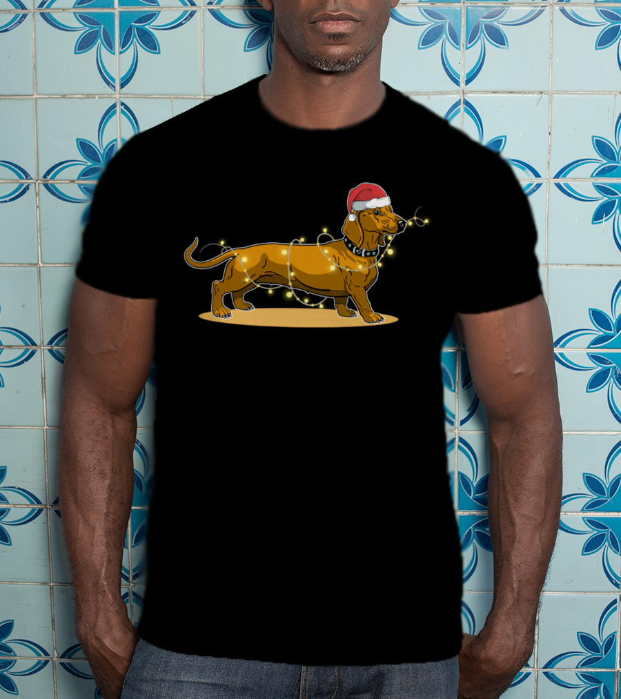 Dachshund Wrapped In Christmas Lights Wearing Santa Hat T-Shirt