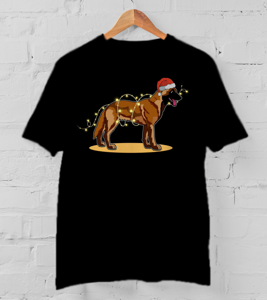 Belgian Malinois Wrapped In Christmas Lights With Santa Hat T-Shirt