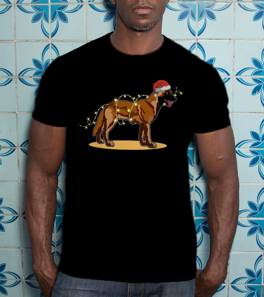 Belgian Malinois Wrapped In Christmas Lights With Santa Hat T-Shirt