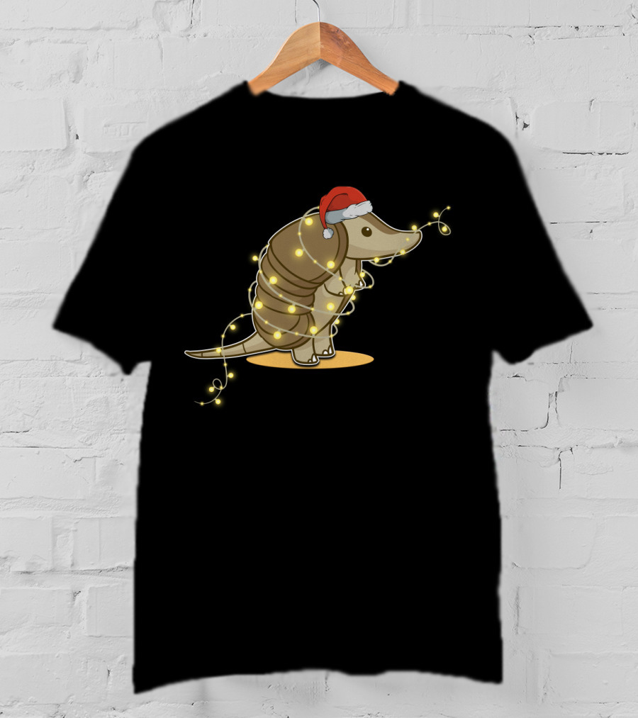 Santa Hat Armadillo Wrapped In Holiday String Lights T-Shirt
