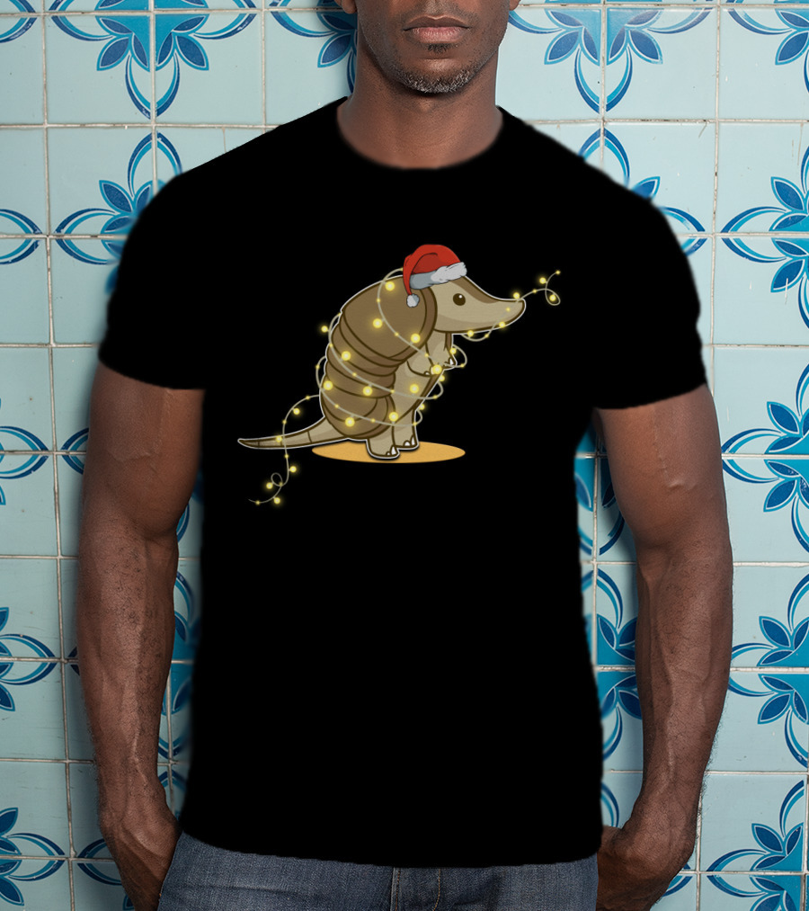 Santa Hat Armadillo Wrapped In Holiday String Lights T-Shirt