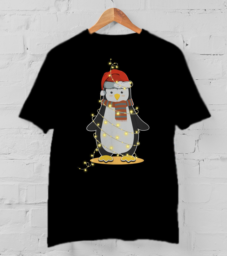 Penguin Wrapped In Christmas Lights With Santa Hat And Scarf T-Shirt