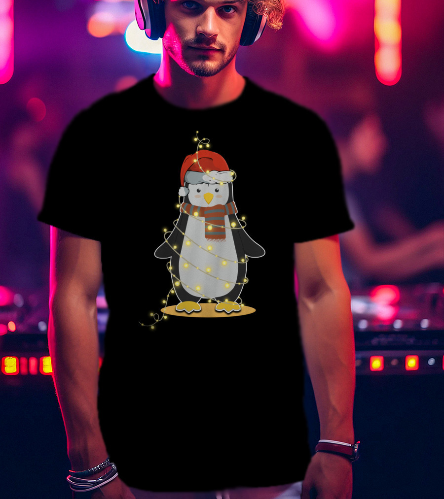 Penguin Wrapped In Christmas Lights With Santa Hat And Scarf T-Shirt
