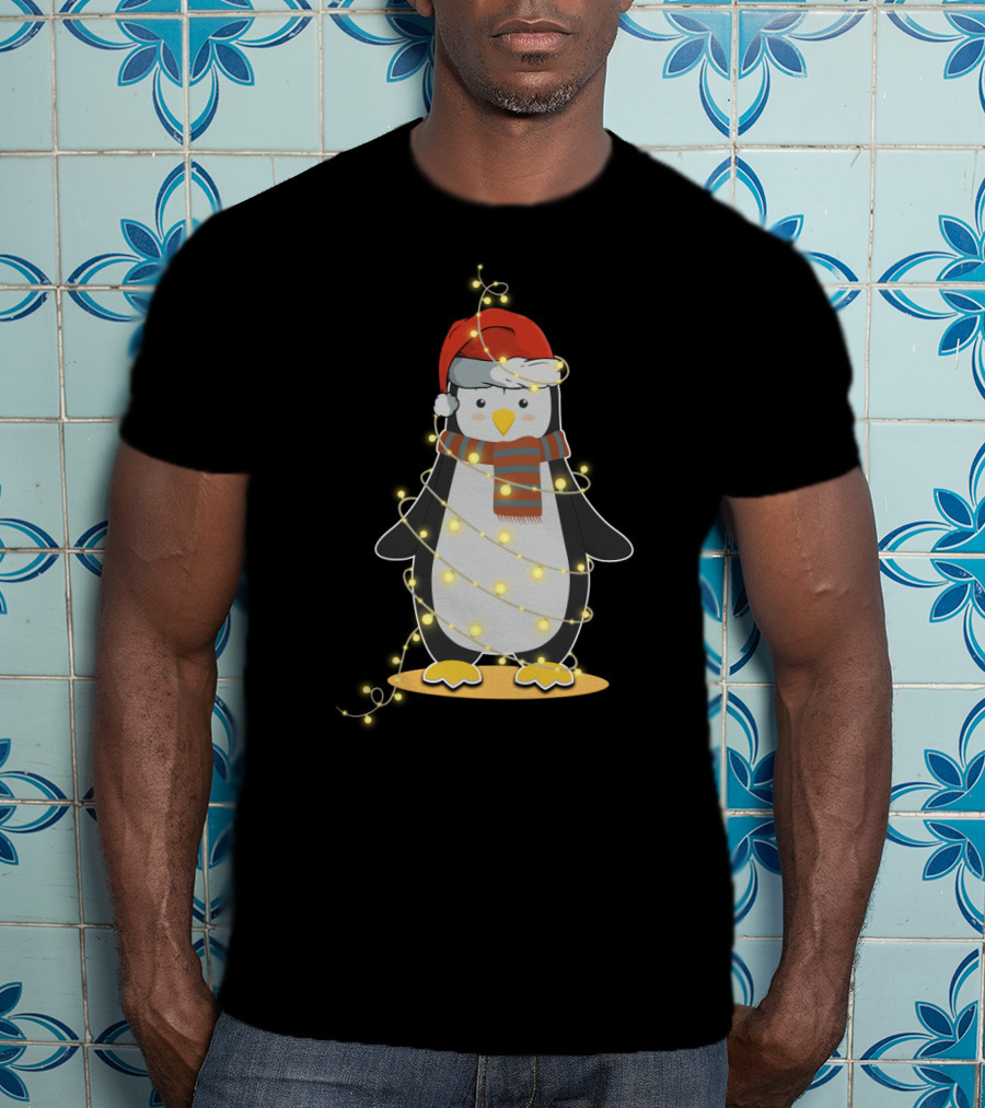 Penguin Wrapped In Christmas Lights With Santa Hat And Scarf T-Shirt
