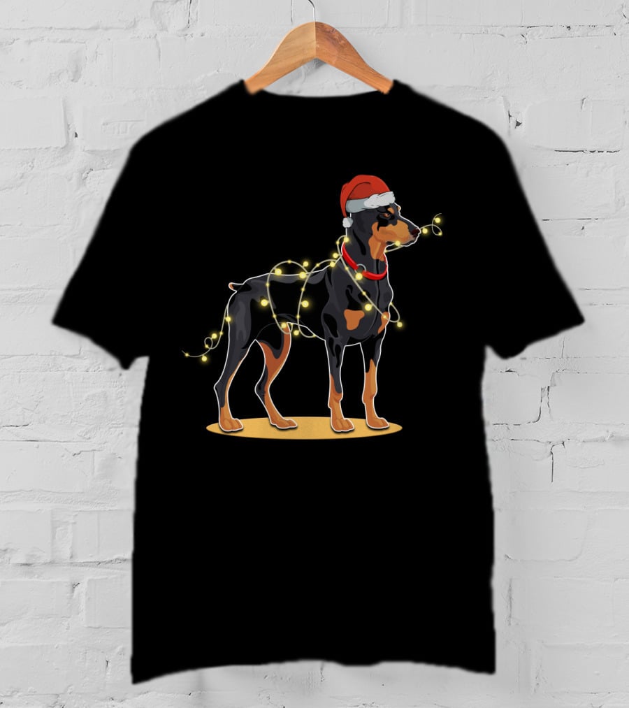 Doberman Wearing Santa Hat With Christmas Lights T-Shirt