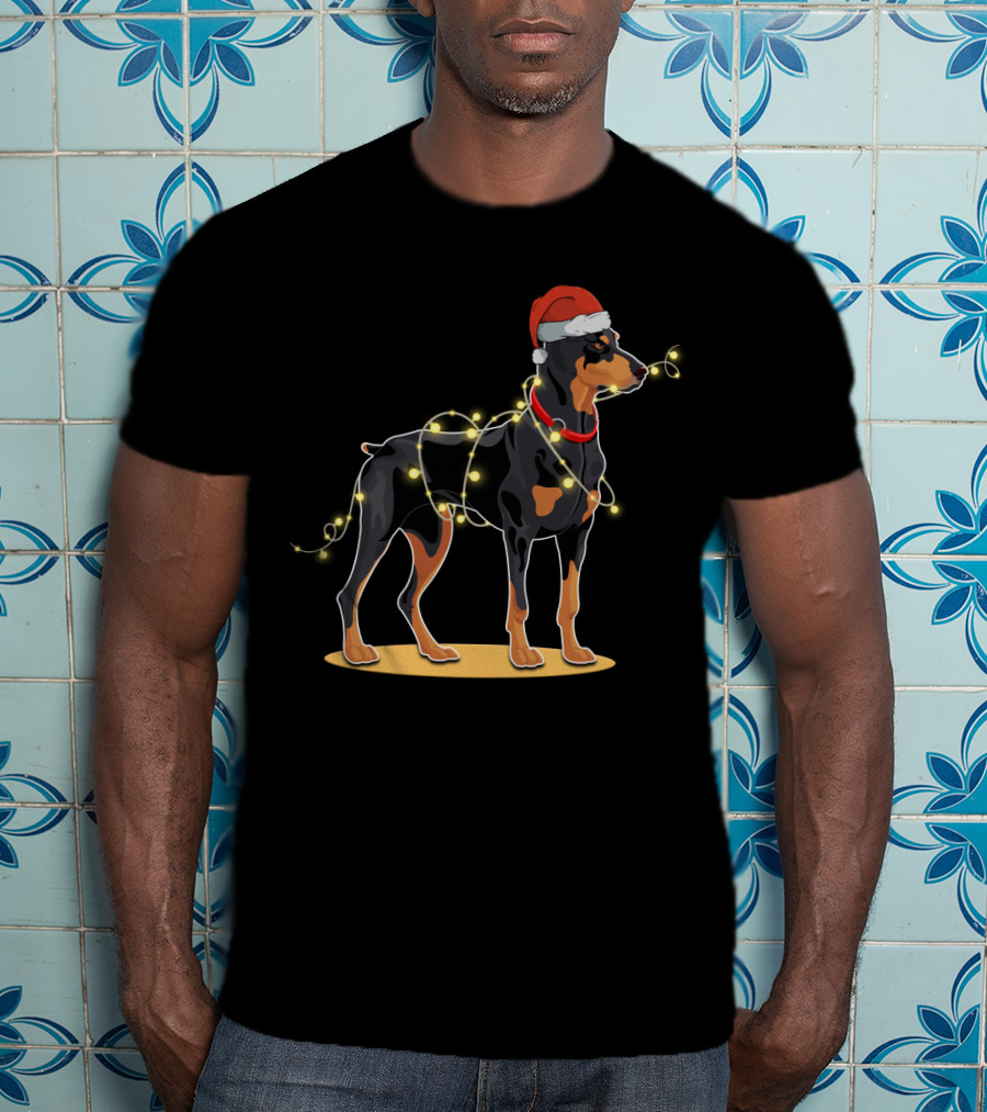 Doberman Wearing Santa Hat With Christmas Lights T-Shirt