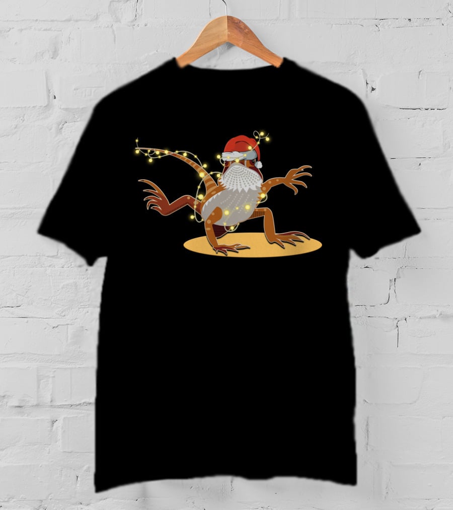 Santa Hat Bearded Dragon Wrapped In Christmas Lights T-Shirt