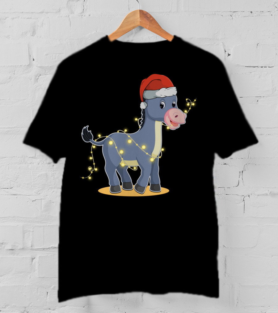 Christmas Lights Donkey With Santa Hat Holiday T-Shirt