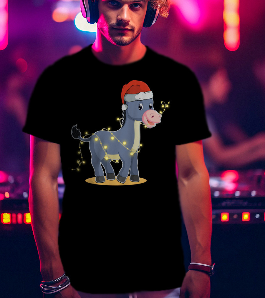Christmas Lights Donkey With Santa Hat Holiday T-Shirt