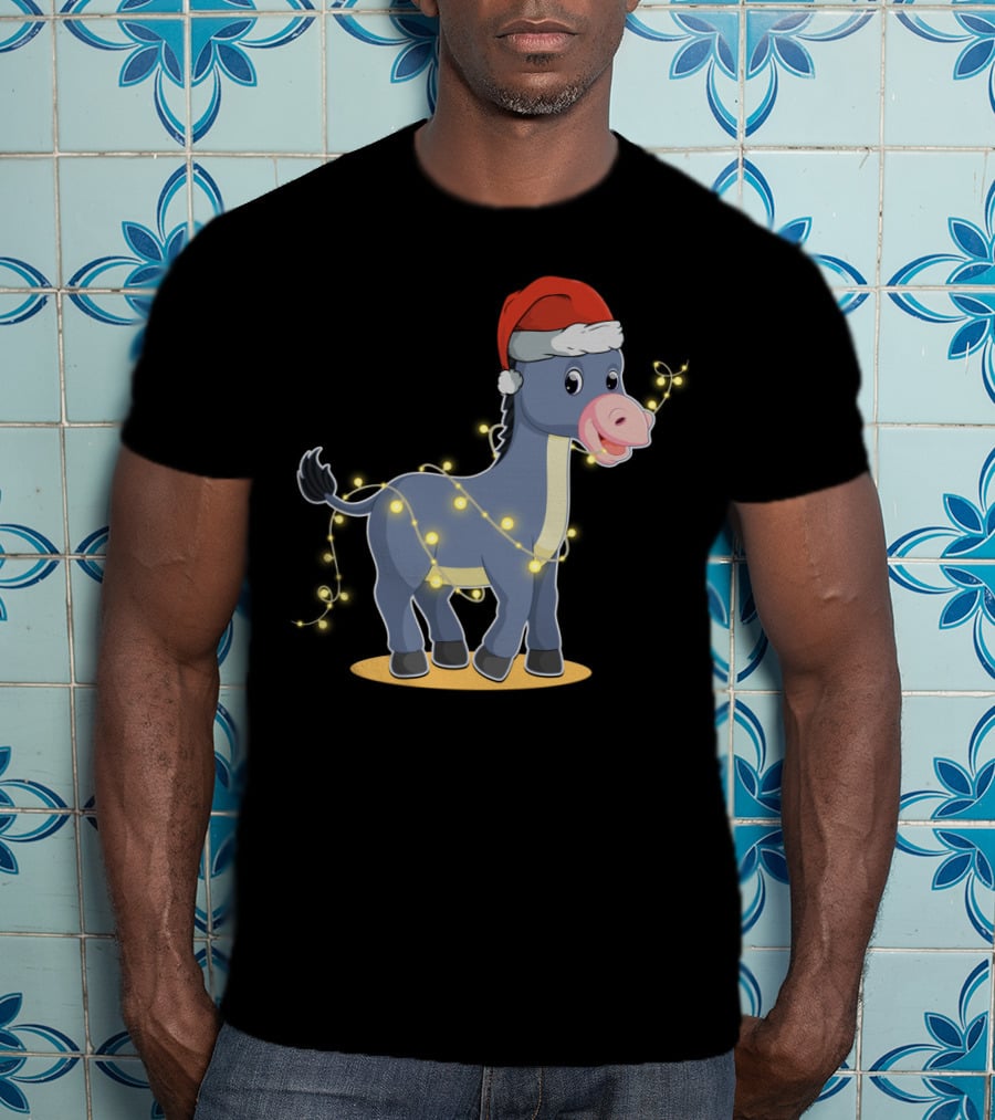 Christmas Lights Donkey With Santa Hat Holiday T-Shirt