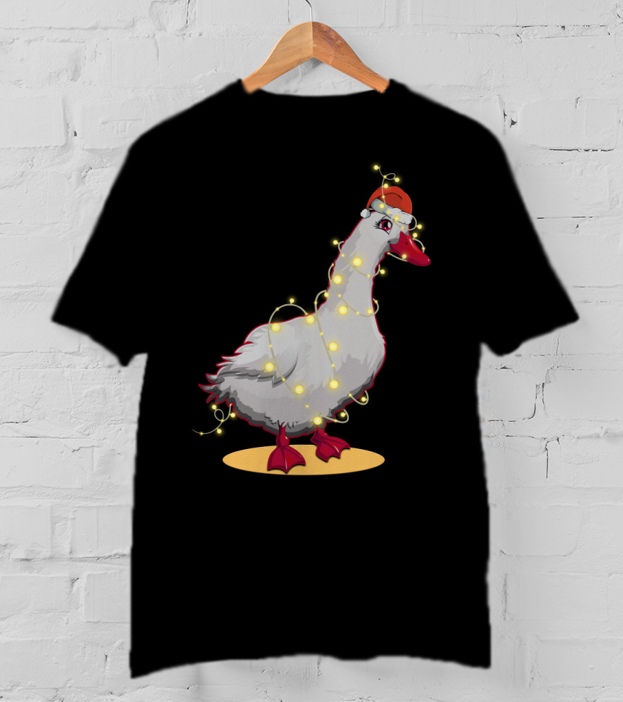 Christmas Lights Duck Wrapped In Festive String With Santa Hat T-Shirt