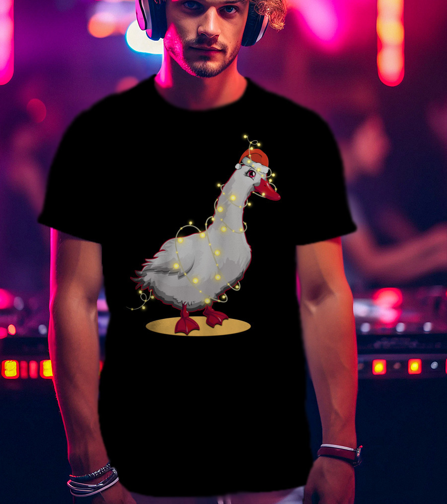 Christmas Lights Duck Wrapped In Festive String With Santa Hat T-Shirt