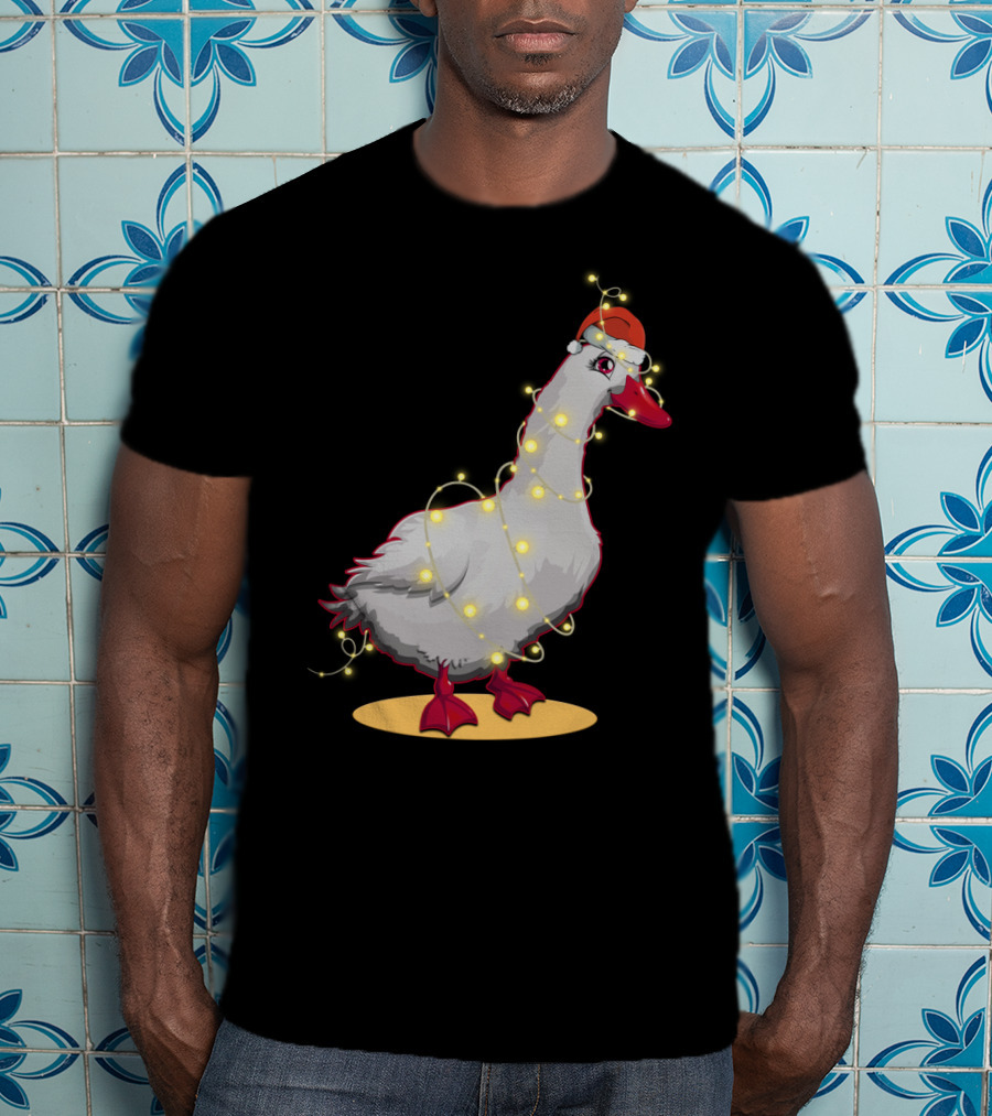Christmas Lights Duck Wrapped In Festive String With Santa Hat T-Shirt