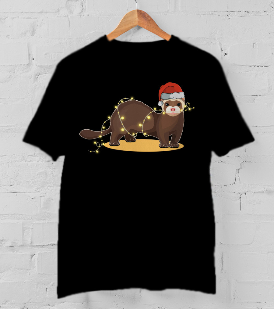 Christmas Lights Wrapped Ferret Wearing Santa Hat T-Shirt