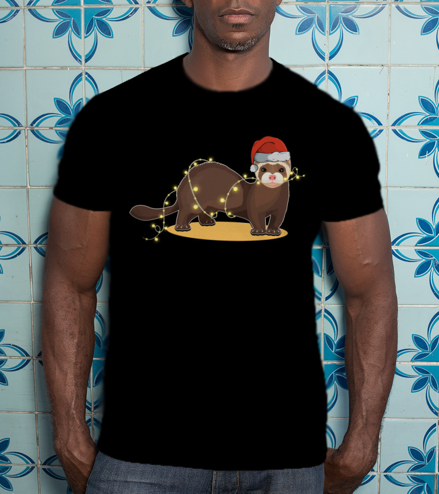 Christmas Lights Wrapped Ferret Wearing Santa Hat T-Shirt