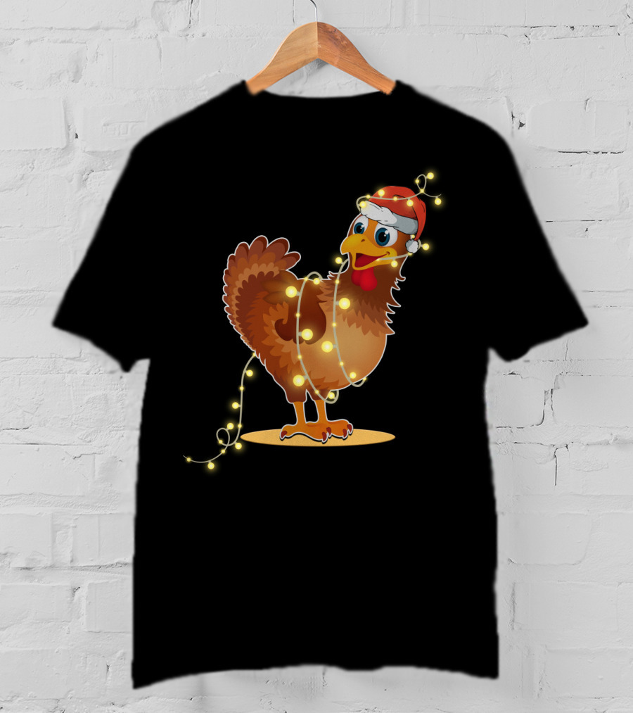 Santa Hat Chicken Wrapped In Christmas String Lights T-Shirt