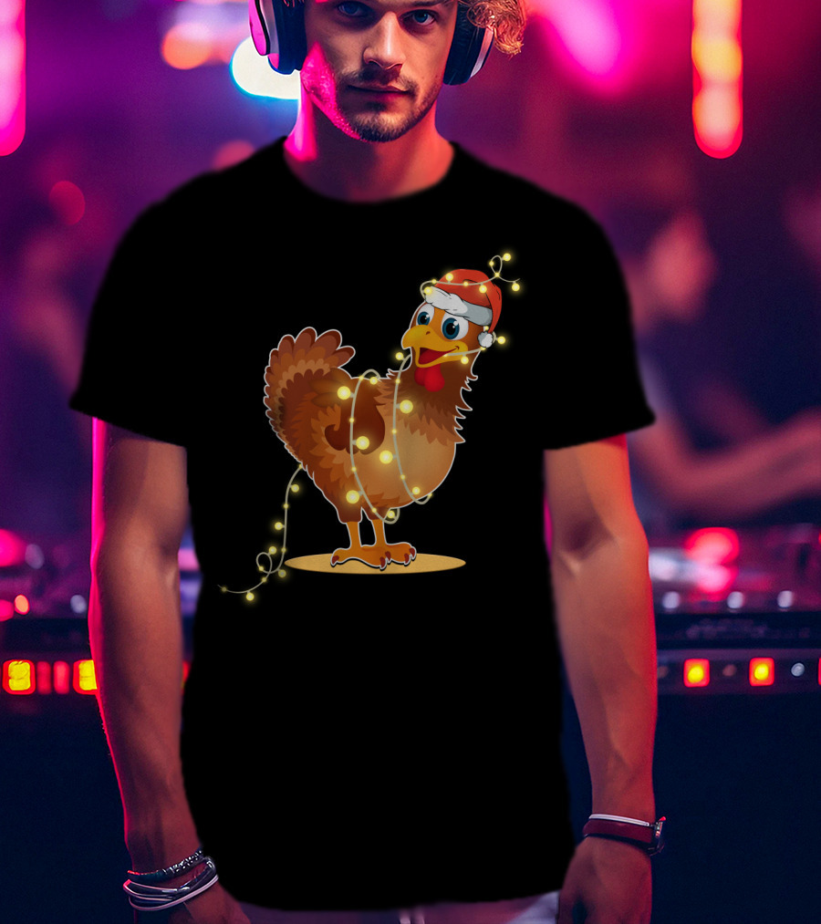 Santa Hat Chicken Wrapped In Christmas String Lights T-Shirt