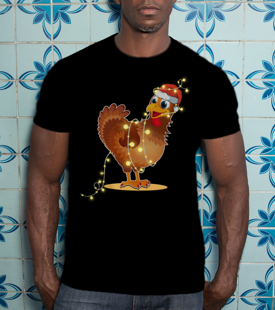 Santa Hat Chicken Wrapped In Christmas String Lights T-Shirt