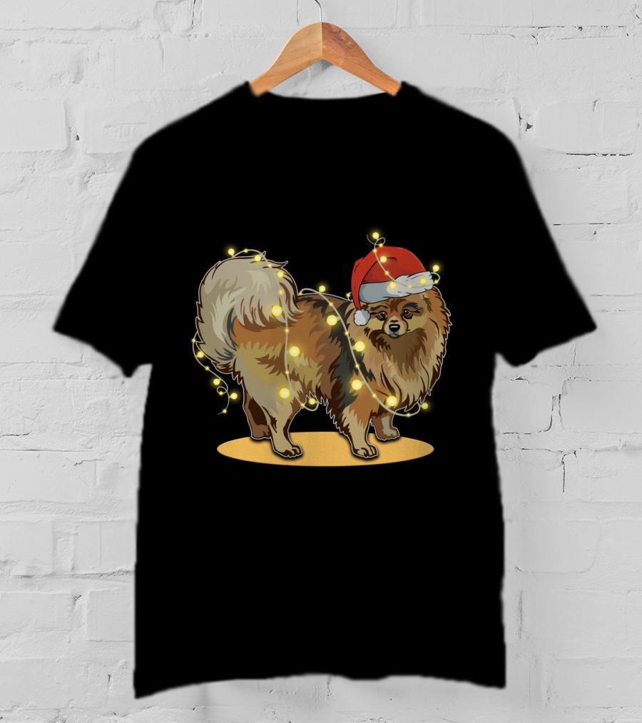 Pomeranian Wrapped In Christmas Lights Wearing Santa Hat T-Shirt