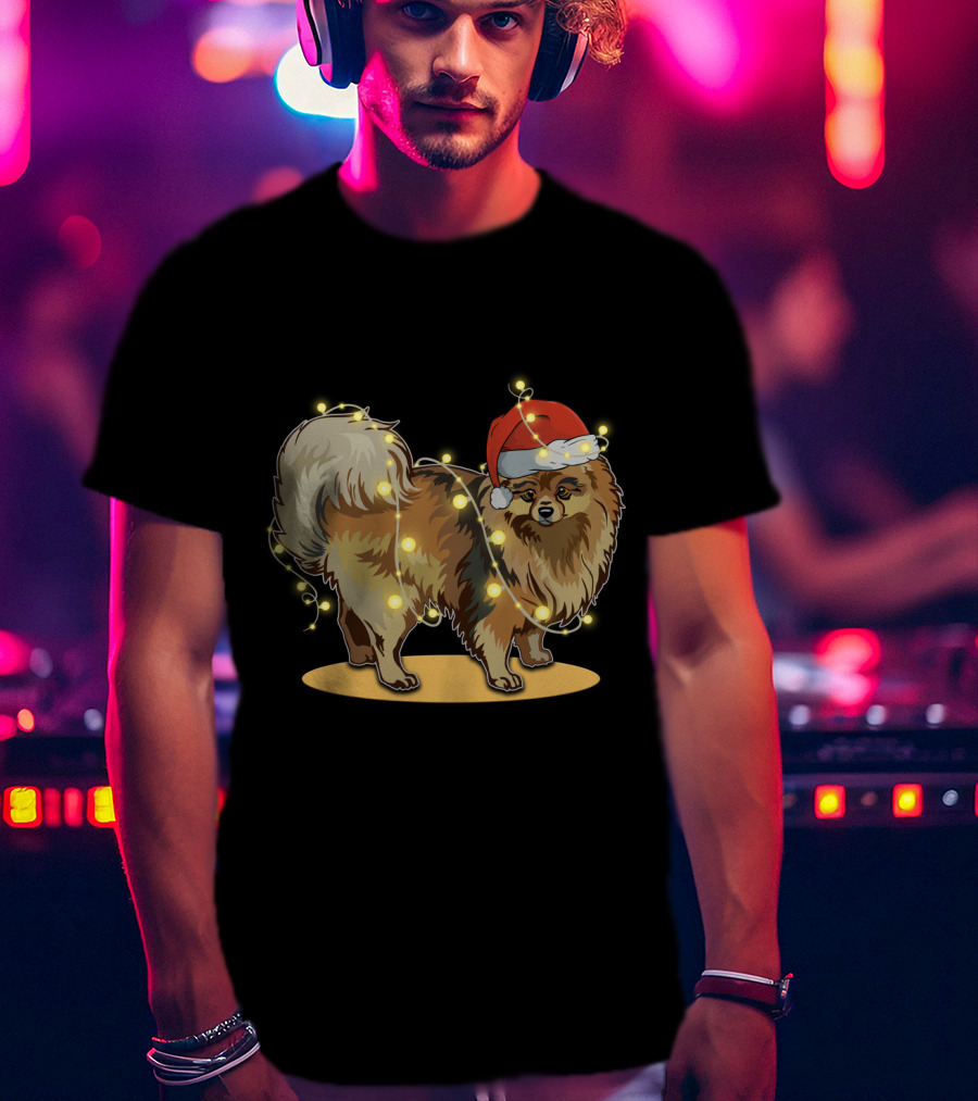 Pomeranian Wrapped In Christmas Lights Wearing Santa Hat T-Shirt