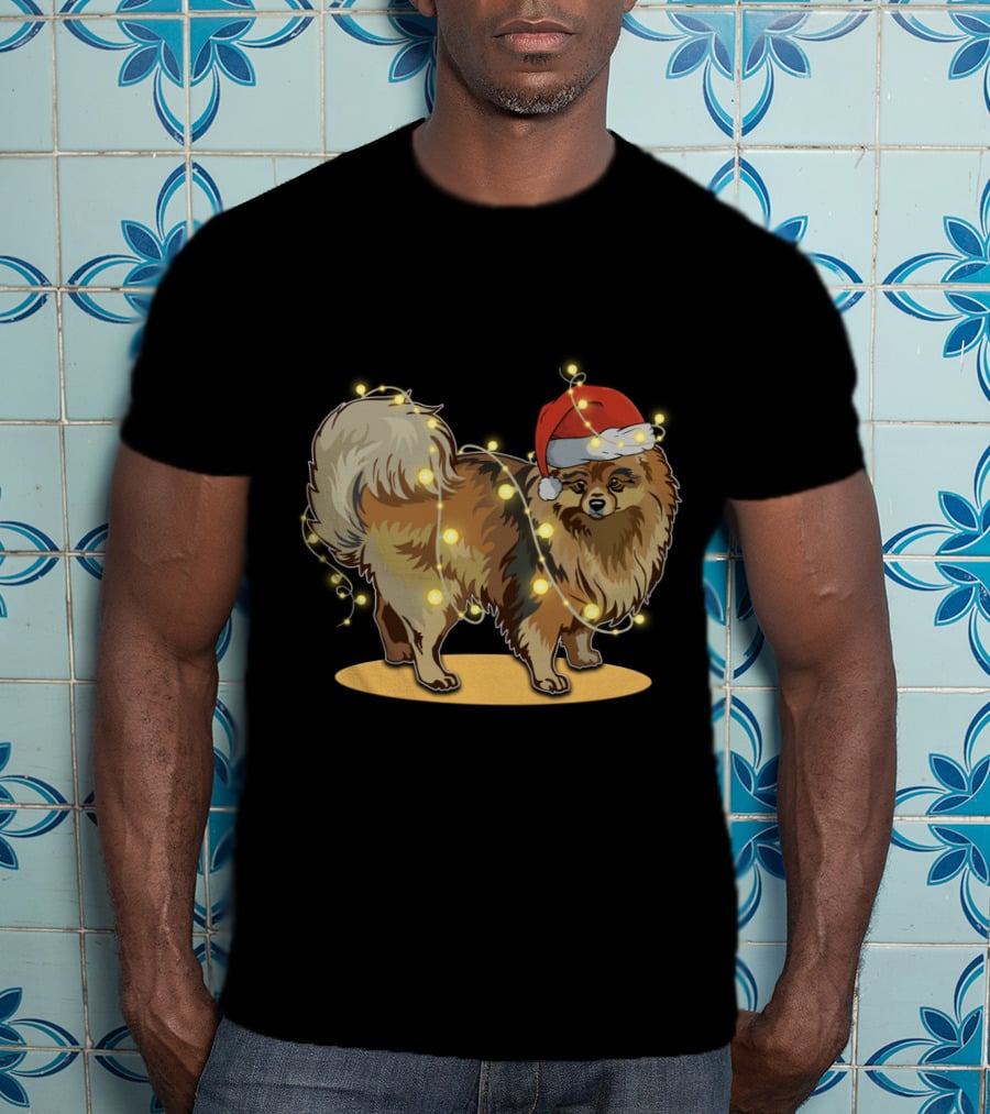 Pomeranian Wrapped In Christmas Lights Wearing Santa Hat T-Shirt