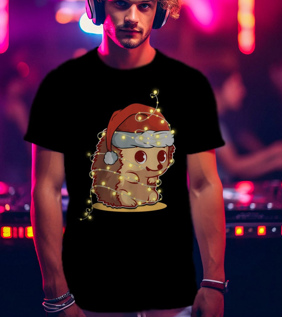 Santa Hat Festive Christmas Lights Hedgehog T-Shirt