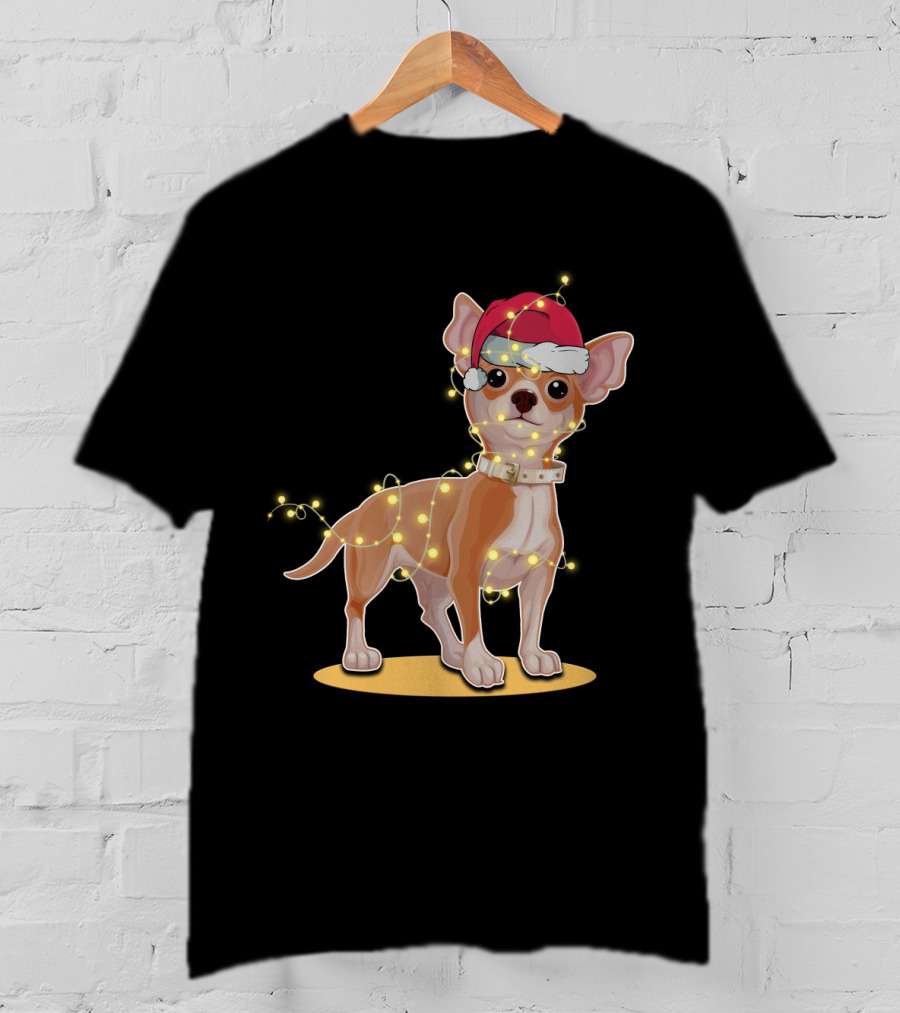 Chihuahua Wrapped In Festive Christmas Lights Wearing Santa Hat T-Shirt