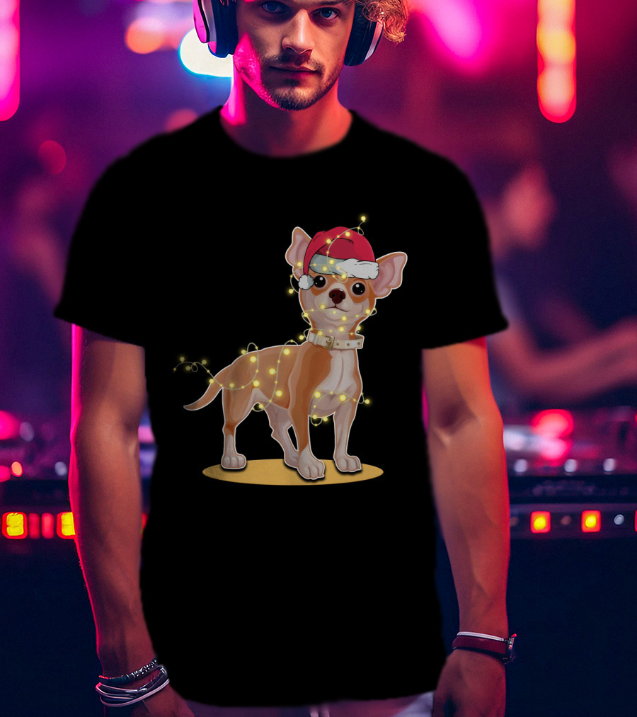 Chihuahua Wrapped In Festive Christmas Lights Wearing Santa Hat T-Shirt