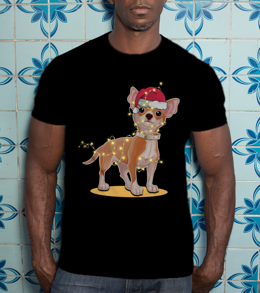 Chihuahua Wrapped In Festive Christmas Lights Wearing Santa Hat T-Shirt