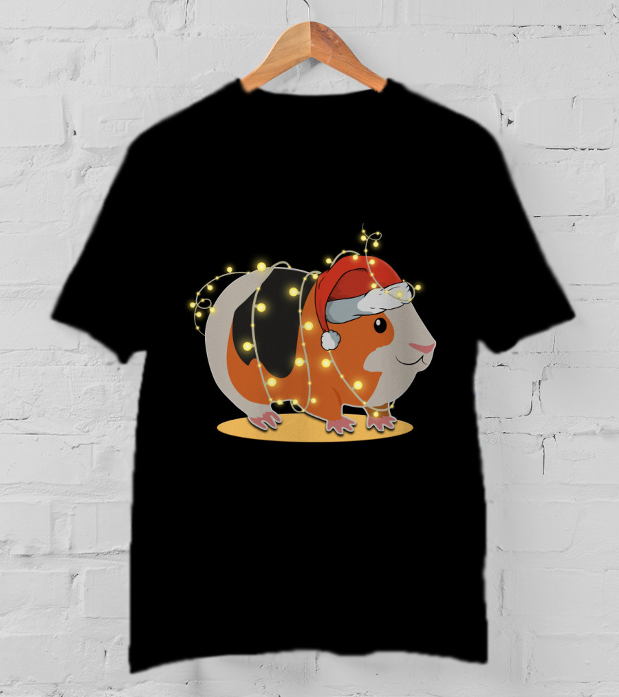 Guinea Pig Wrapped In Festive Christmas Lights And Santa Hat T-Shirt