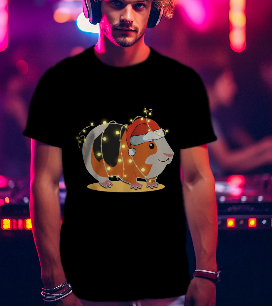Guinea Pig Wrapped In Festive Christmas Lights And Santa Hat T-Shirt