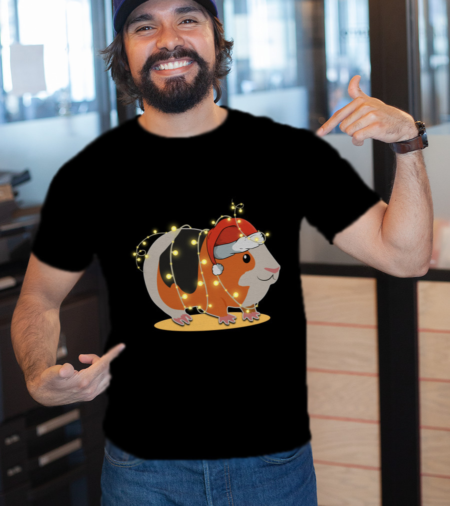 Guinea Pig Wrapped In Festive Christmas Lights And Santa Hat T-Shirt