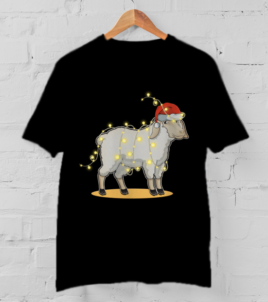 Sheep Wrapped In Christmas Lights With Santa Hat Holiday Decor T-Shirt