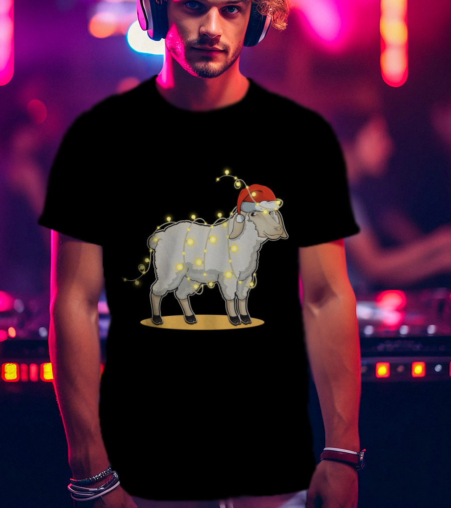 Sheep Wrapped In Christmas Lights With Santa Hat Holiday Decor T-Shirt