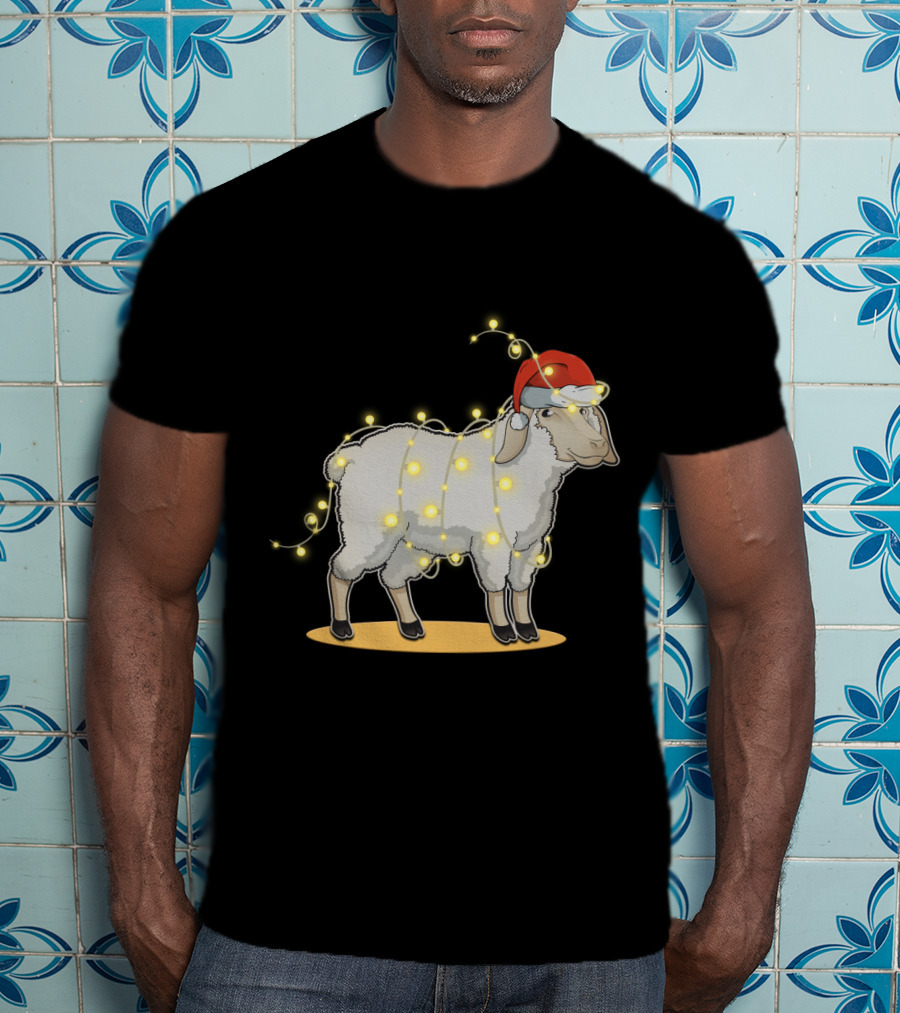 Sheep Wrapped In Christmas Lights With Santa Hat Holiday Decor T-Shirt