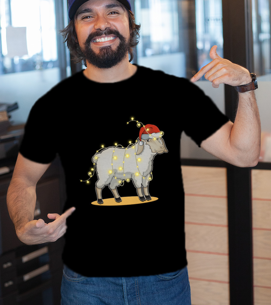 Sheep Wrapped In Christmas Lights With Santa Hat Holiday Decor T-Shirt