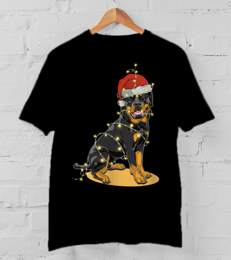 Rottweiler Wrapped In Christmas Lights With Santa Hat T-Shirt