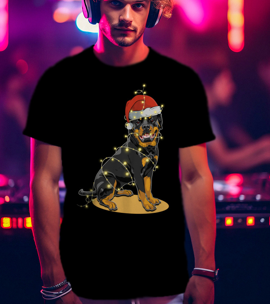 Rottweiler Wrapped In Christmas Lights With Santa Hat T-Shirt