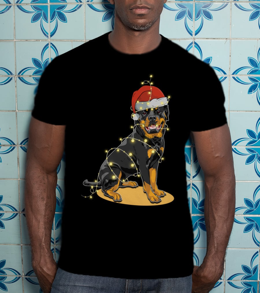 Rottweiler Wrapped In Christmas Lights With Santa Hat T-Shirt