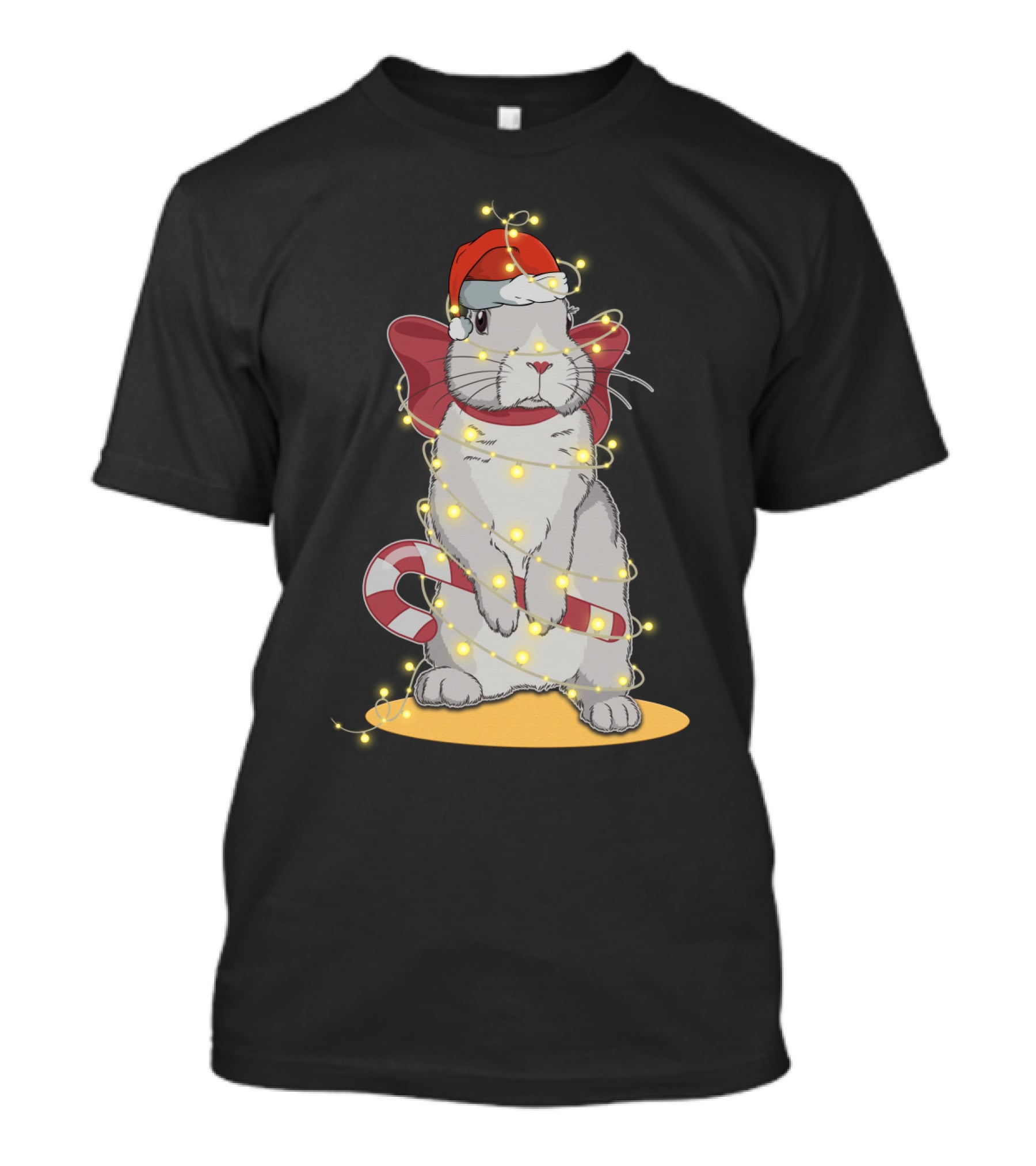 Christmas Lights Rabbit Santa Hat Candy Cane Festive T-Shirt