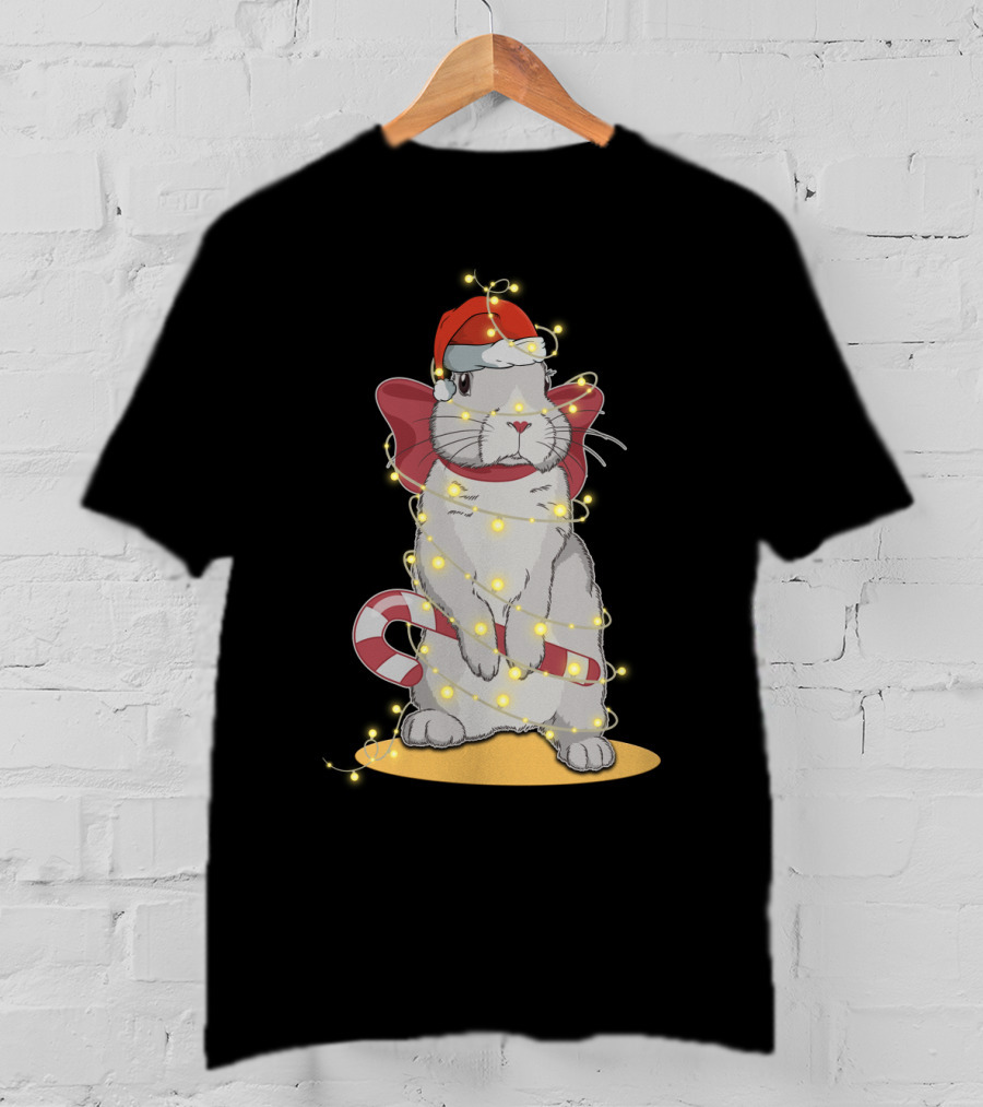 Christmas Lights Rabbit Santa Hat Candy Cane Festive T-Shirt