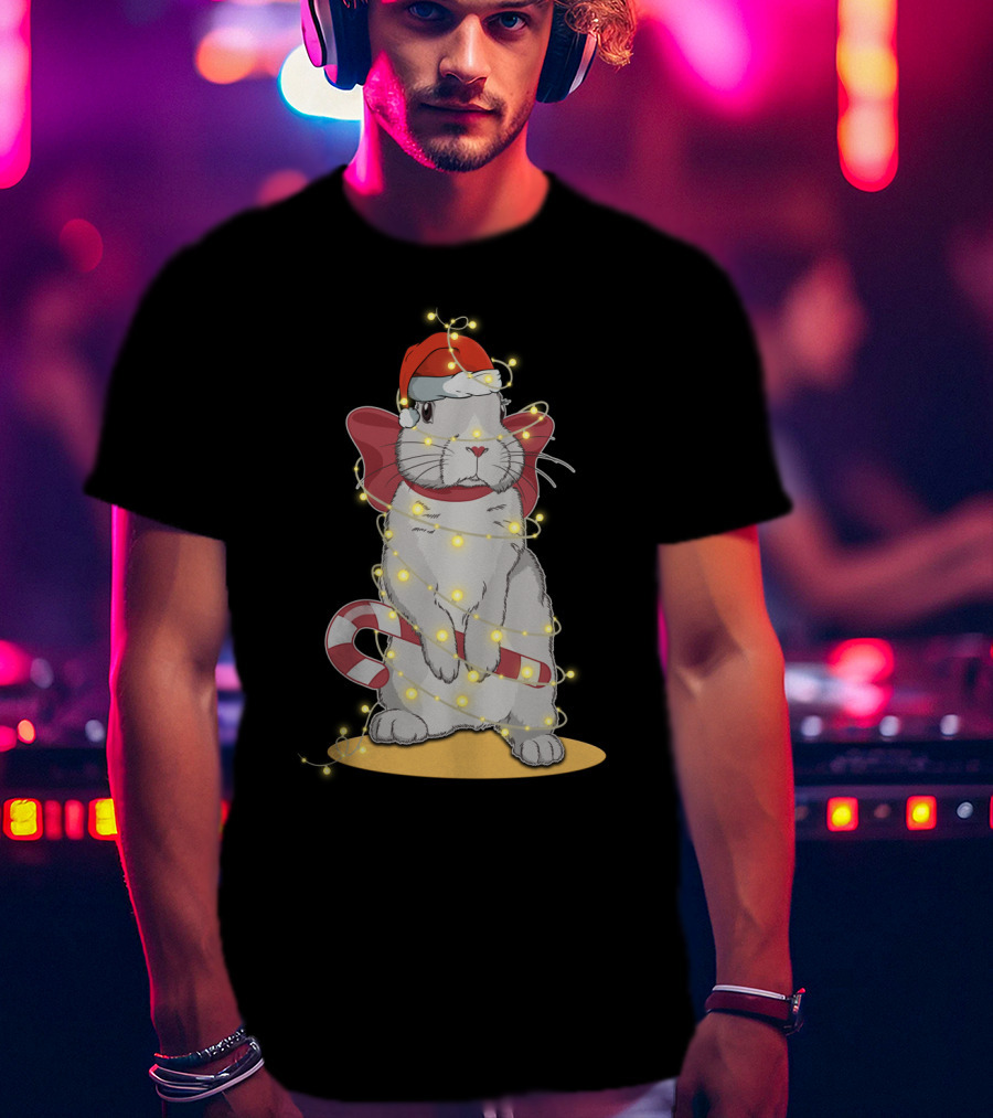Christmas Lights Rabbit Santa Hat Candy Cane Festive T-Shirt
