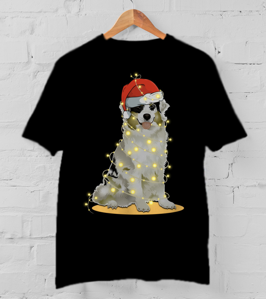 Santa Hat Australian Shepherd Wrapped In Christmas Lights T-Shirt