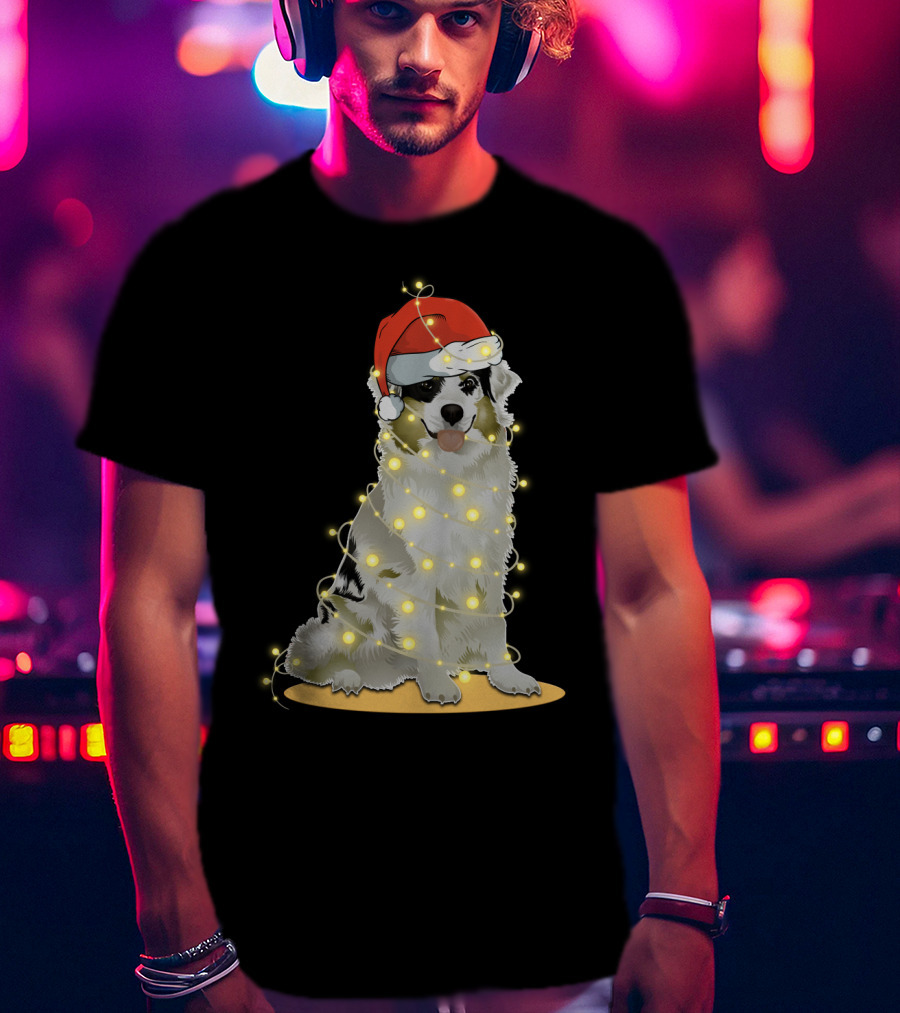 Santa Hat Australian Shepherd Wrapped In Christmas Lights T-Shirt