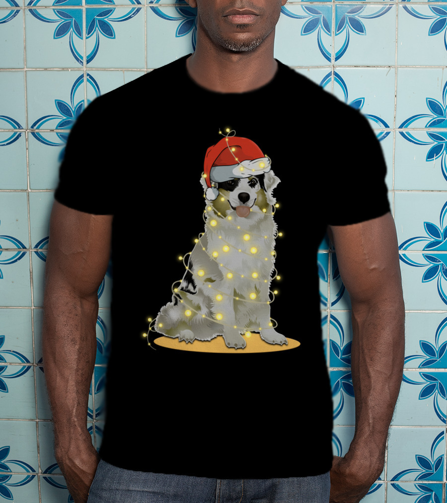 Santa Hat Australian Shepherd Wrapped In Christmas Lights T-Shirt