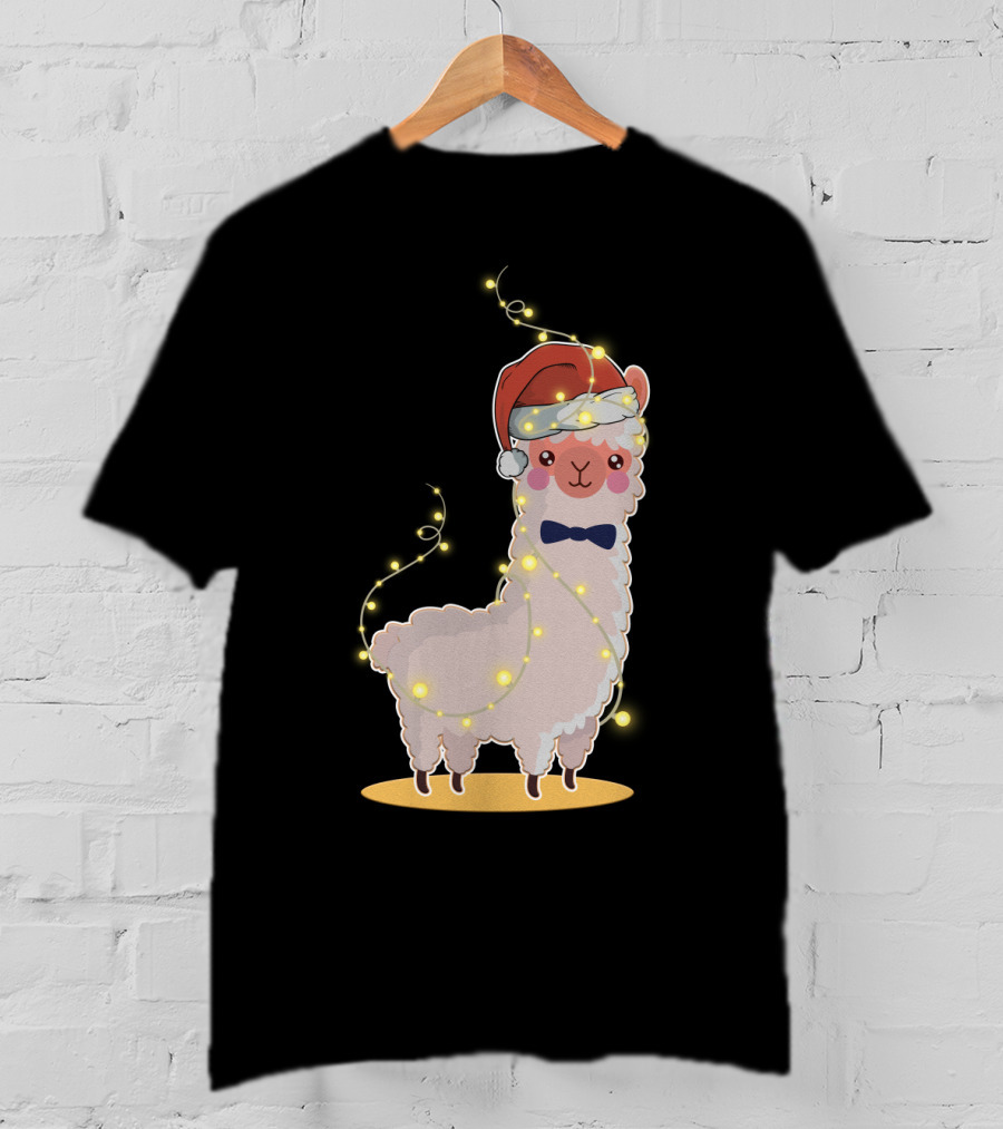 Alpaca Wrapped In Christmas Lights Wearing Santa Hat And Bow Tie T-Shirt