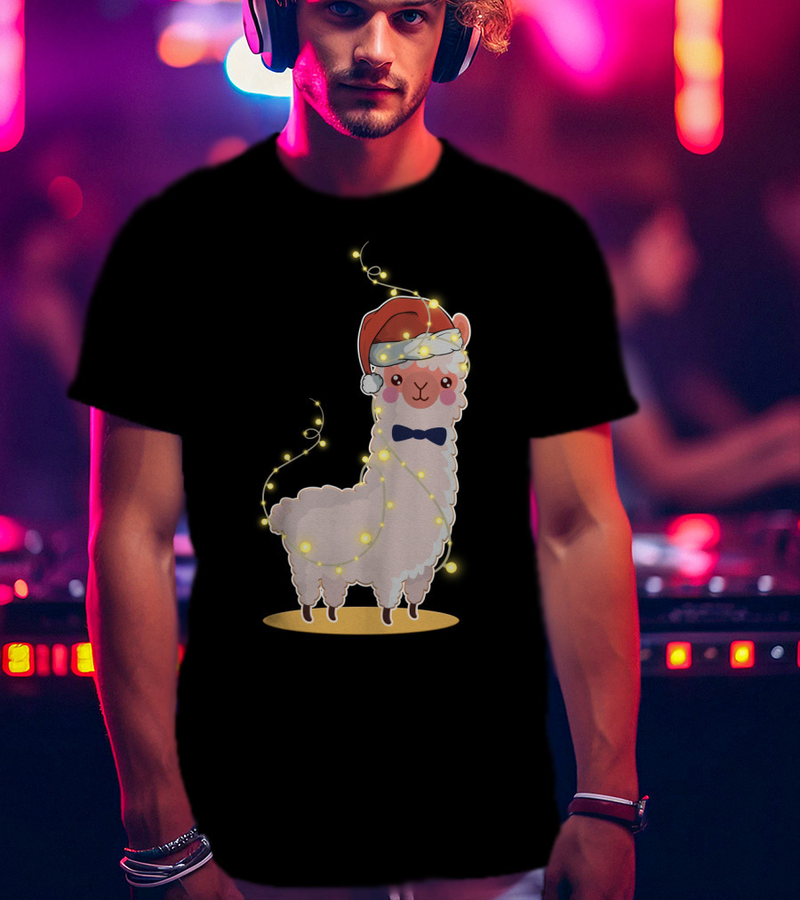 Alpaca Wrapped In Christmas Lights Wearing Santa Hat And Bow Tie T-Shirt