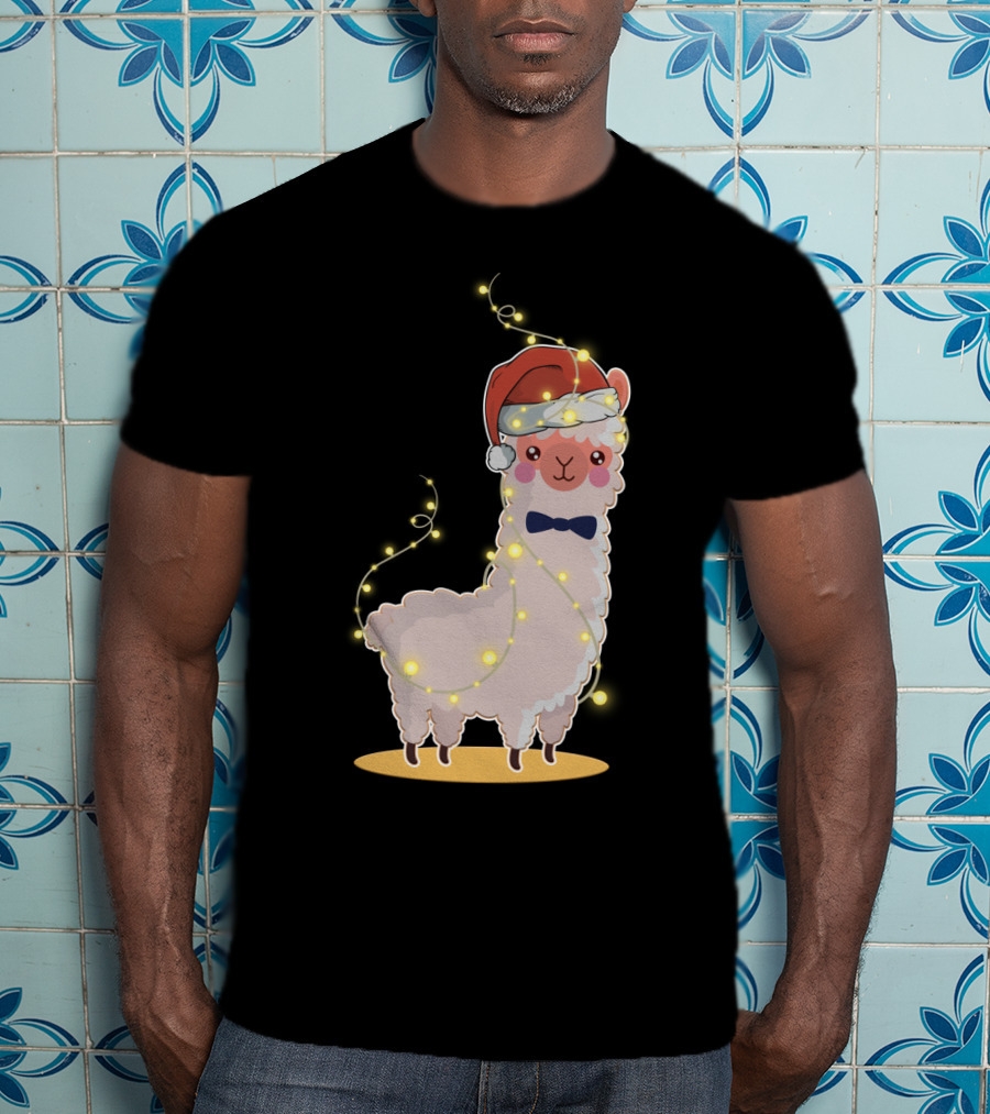 Alpaca Wrapped In Christmas Lights Wearing Santa Hat And Bow Tie T-Shirt