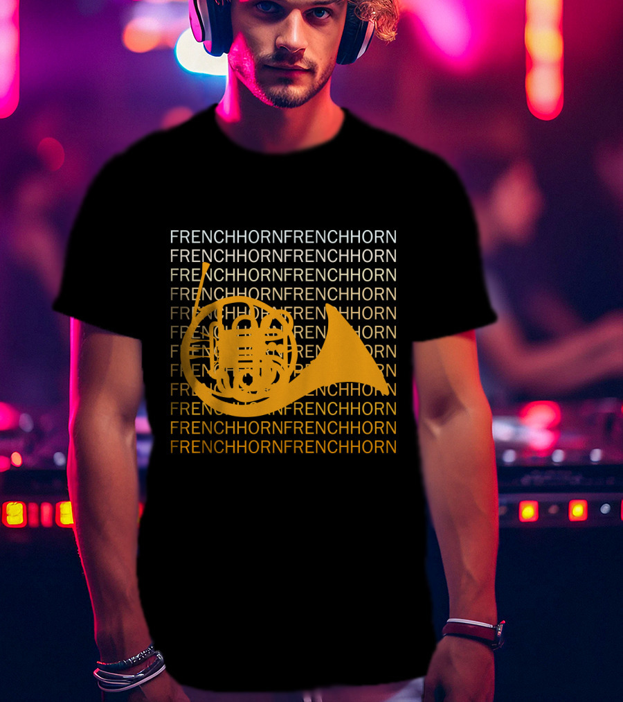 Repeating French Horn Text With Yellow Instrument T-Shirt