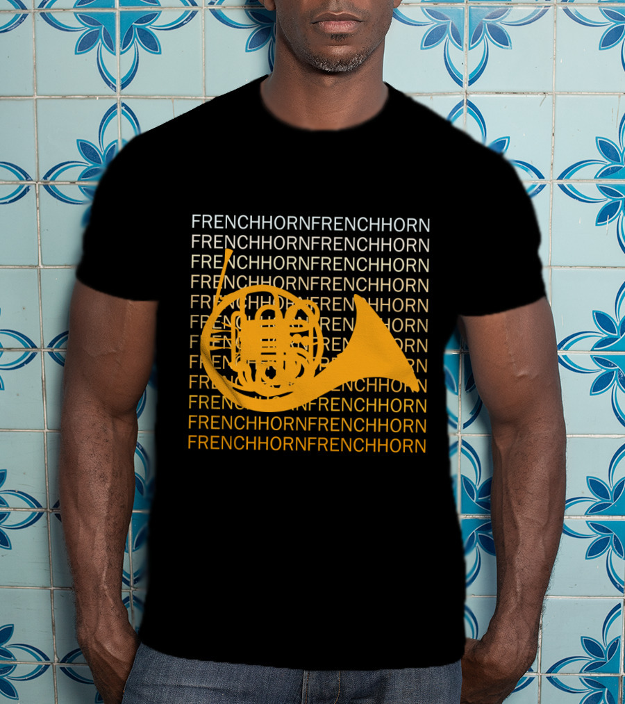 Repeating French Horn Text With Yellow Instrument T-Shirt